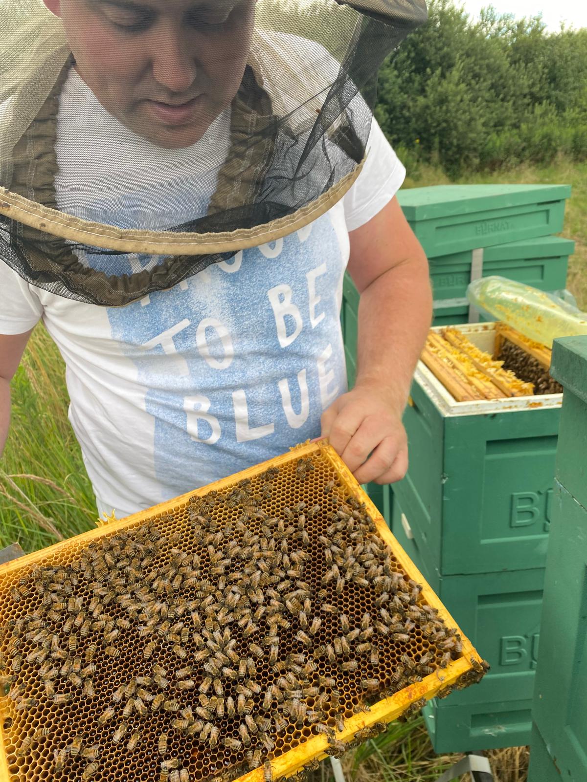 Grzegorz z ramką z pszczołami